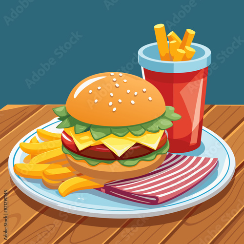closeup of a juicy beef cheeseburger with melted vector art illustration