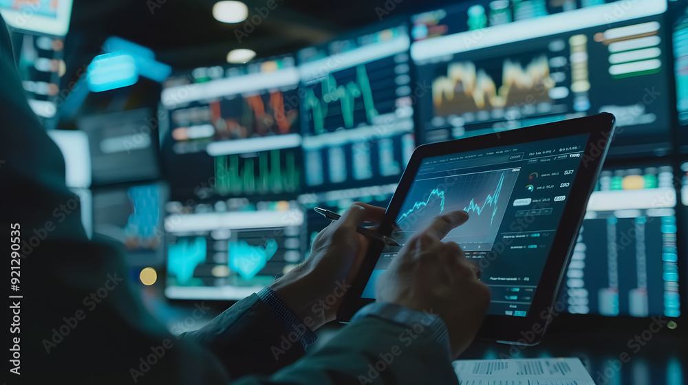 Fototapeta premium A business team collaborating, with a businessman using a tablet to analyze stock market data