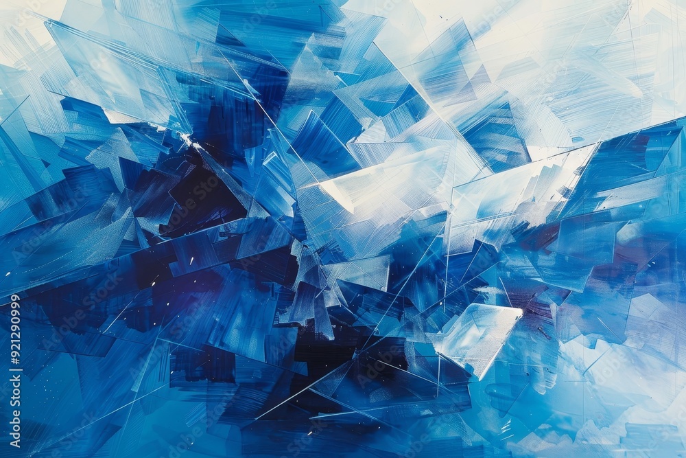 A composition of blue and white squares intersecting in an abstract painting, Incorporate geometric shapes and lines to enhance the sense of movement and energy in a blue explosion A composition of blue and white squares intersecting in an abstract painting, Incorporate geometric shapes and lines to enhance the sense of movement and energy in a blue explosion