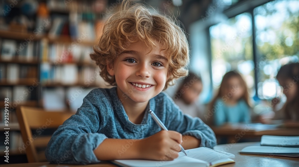 Happy boy in blue sweater writing in a notebook Happy boy in blue sweater writing in a notebook