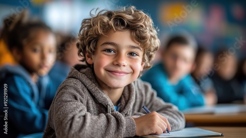 Boy in gray hoodie writing happily in classroom setting