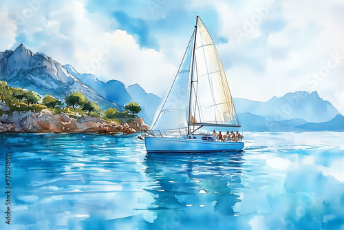 Watercolor painting of a sailboat sailing on the sea, island tourism. photo