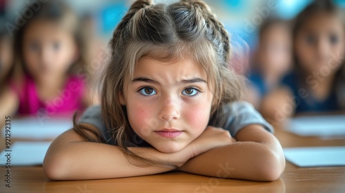 Thoughtful little girl in classroom laying on desk