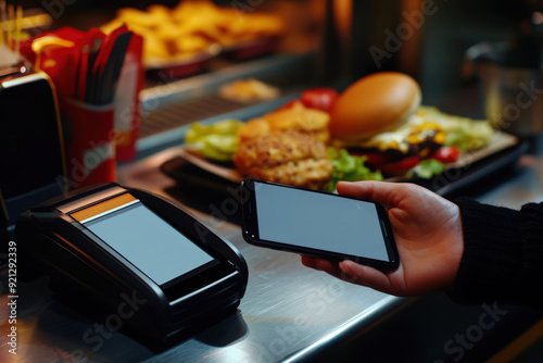 Hand holding smartphone over card reader, making contactless payment for fast food order