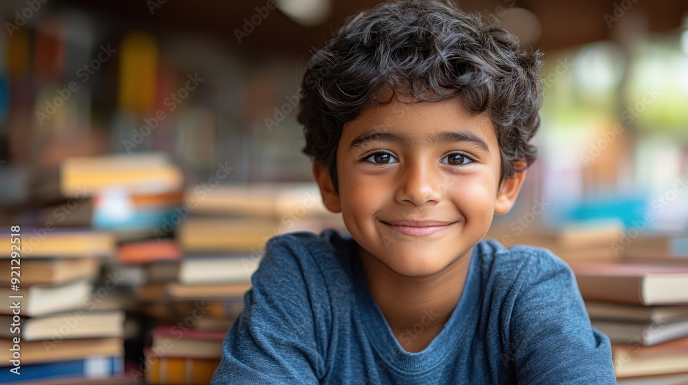 Smiling boy among books, represents joy in learning books Smiling boy among books, represents joy in learning books