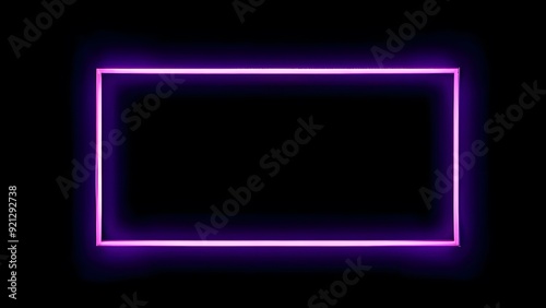 Purple neon glowing rectangular empty frame on black background, copy space