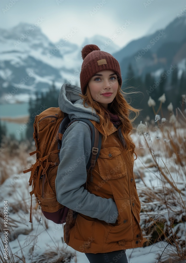 woman backpack standing field snow young face coral hair traveling mountains blond beanie rugged ranger student lake pack woman backpack standing field snow young face coral hair traveling mountains blond beanie rugged ranger student lake pack