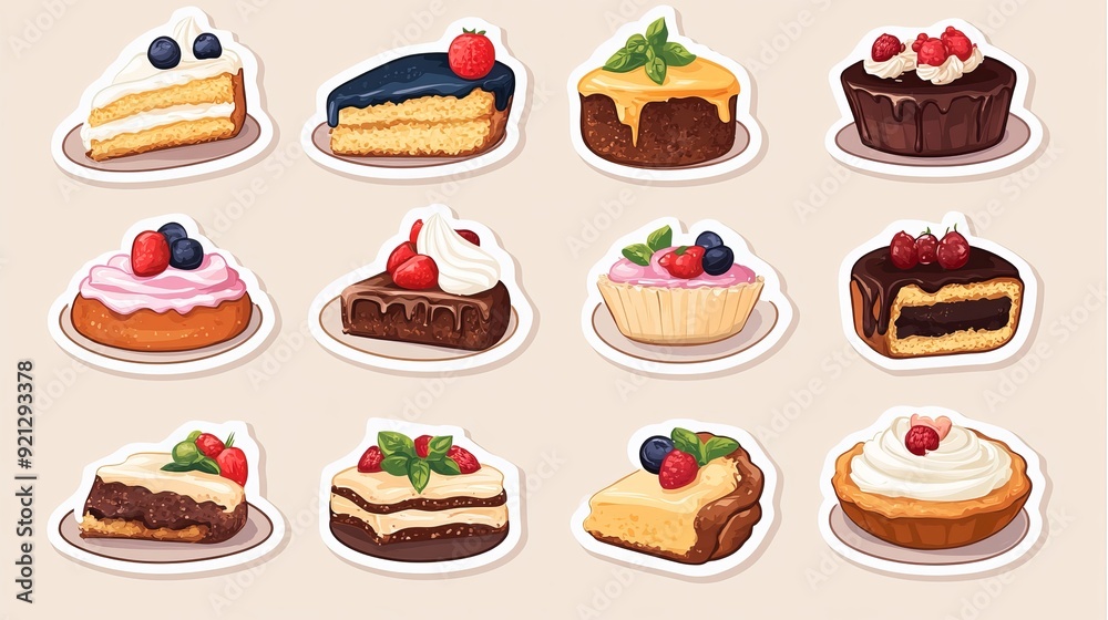 Assorted desserts on plates featuring cakes, tarts, and pastries Assorted desserts on plates featuring cakes, tarts, and pastries