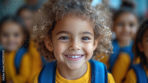 Smiling child with backpack in a classroom setting