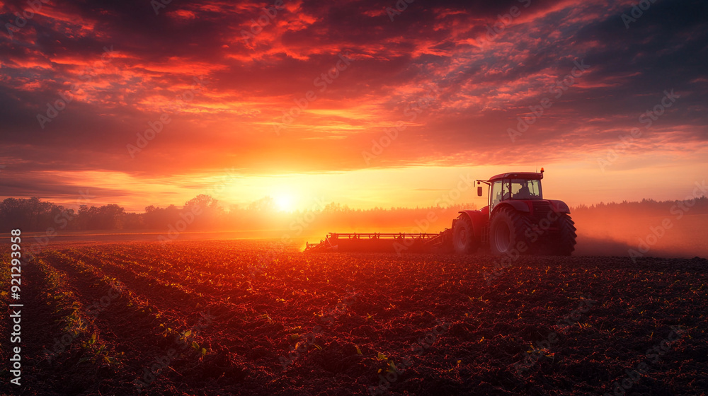 Farmer driving tractor working at agricultural field with beautiful sunset Farmer driving tractor working at agricultural field with beautiful sunset