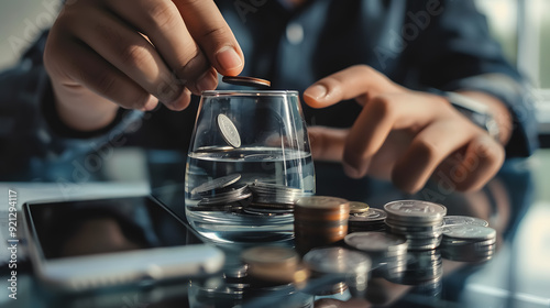 A businessman putting coins into a jar, using a smartphone and calculator to plan and save money