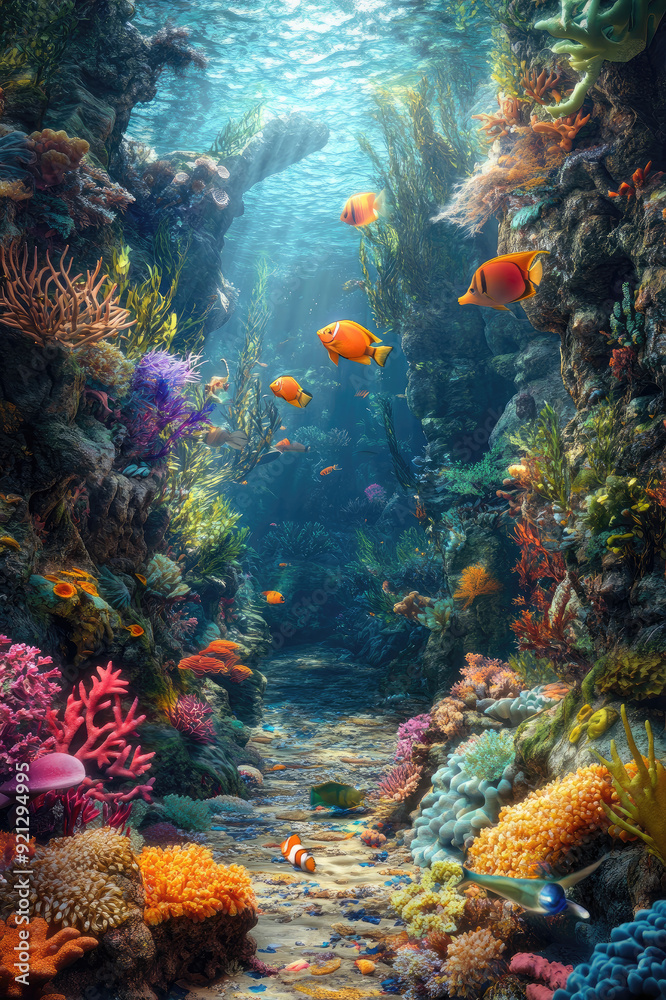 Fototapeta premium Colorful coral reef ecosystem with vibrant fish swimming in a sunlit underwater scene