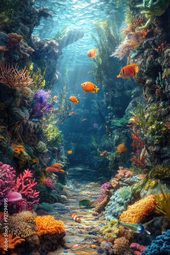 Colorful coral reef ecosystem with vibrant fish swimming in a sunlit underwater scene