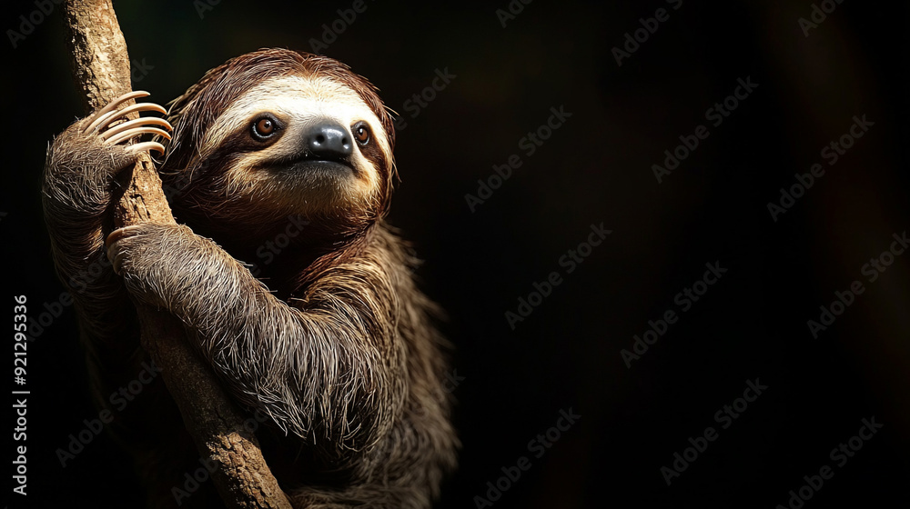 Sloth hanging on tree branch, Perfect portrait of wild animal isolated on black background. Copy space Sloth hanging on tree branch, Perfect portrait of wild animal isolated on black background. Copy space