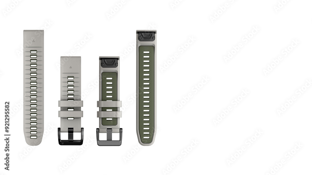 Closeup of smartwatch bands, isolated on white copy-space background.