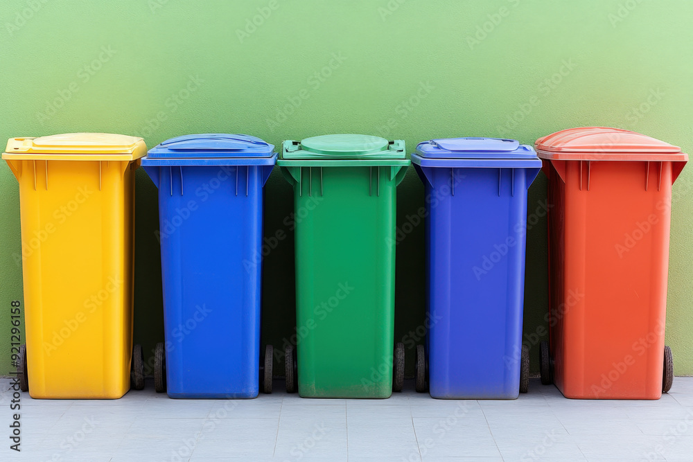 Five colorful plastic waste bins are lined up against a green wall, ready for waste sorting and recycling Five colorful plastic waste bins are lined up against a green wall, ready for waste sorting and recycling