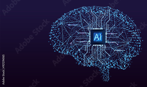 Ai brain technology background. Low poly and dotted style. Futuristic artificial intelligence mind design. Computer cpu idea   concept wit circuit. Machine genius human. Vector illustration.	