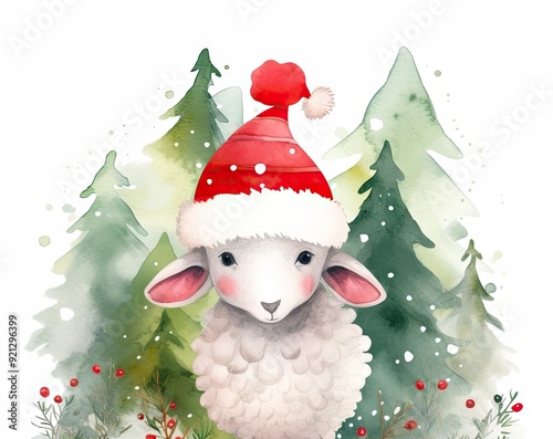 Watercolor illustration sheep. New Year, Christmas. Chinese calendar. Year of the sheep, goat. Postcard. Birthday