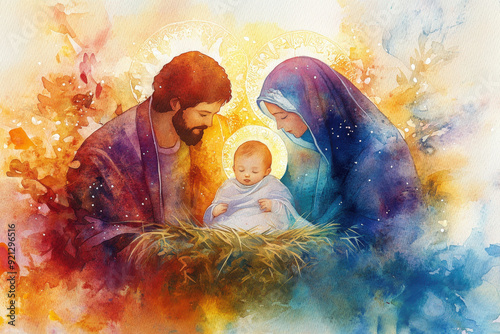 Watercolor painting of the holy family gazing at newborn baby jesus in manger