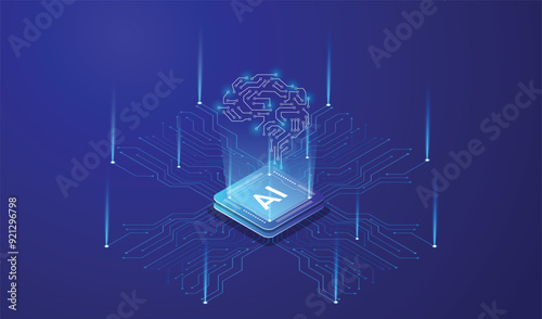 Artificial Intelligence, Isometric Vector banner for AI, Deep Learning, Machine Learning, and Technological Digital Brain Concepts,isometric banner,AI isometric, AI learning machine, ai icon.
