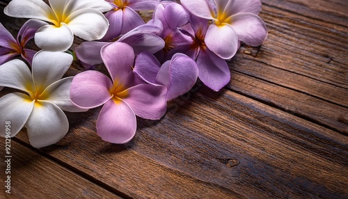  frangipani flower lilac daisies on corner of vintage wooden, Generative ai