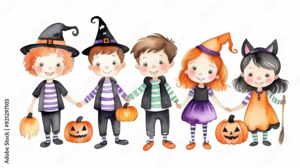 watercolor illustration of a Halloween witch and wizard, pumpkins and ghosts in a cute cartoon style on a white background, watercolor illustration of a Halloween witch and wizard, pumpkins and ghosts in a cute cartoon style on a white background,