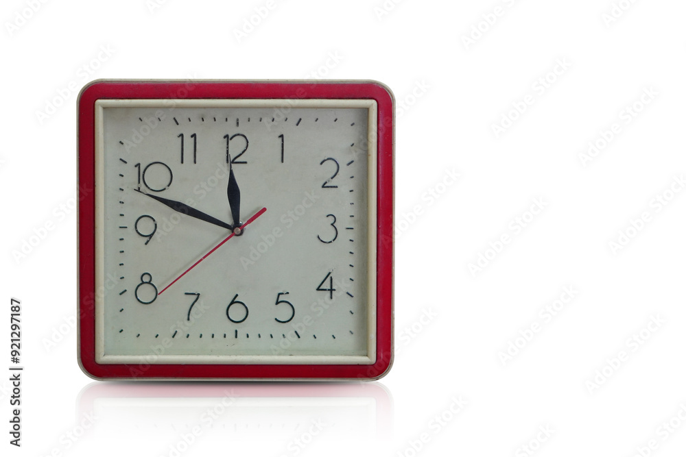 front view old red and white square wall clock on white background, object, decor, ecoration, ancient, antique, copy space front view old red and white square wall clock on white background, object, decor, ecoration, ancient, antique, copy space