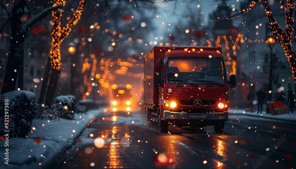 A futuristic bus navigates a snowy street. A futuristic bus navigates a snowy street.