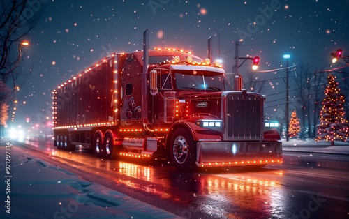  A semi truck navigates a snowy road at night.