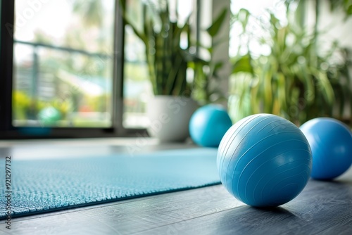 Blue exercise balls are lined up on a mat in front of a window, ready for fitness activities, Incorporating a variety of fitness modalities for a well-rounded program photo