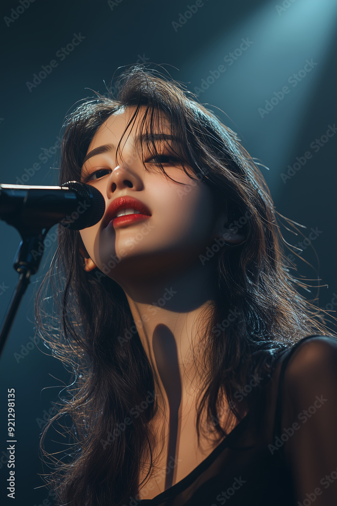 Obraz premium Asian woman singing on concert stage, singer artist