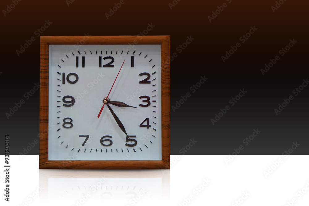 front view wooden brown and white square wall clock, on white floor, brown and black wall background, object, decor, decoration, banner, template, fashion, gift, ancient, antique, copy space front view wooden brown and white square wall clock, on white floor, brown and black wall background, object, decor, decoration, banner, template, fashion, gift, ancient, antique, copy space