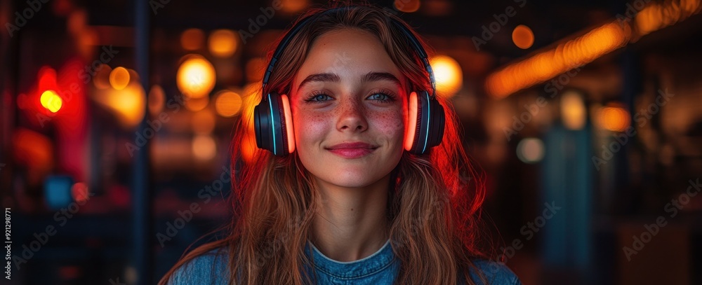 Young woman with red neon headphones in vibrant nightlife Young woman with red neon headphones in vibrant nightlife