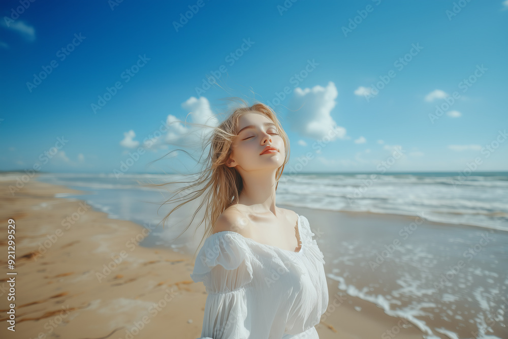 Caucasian woman in white dress walking on the beach. Caucasian woman in white dress walking on the beach.