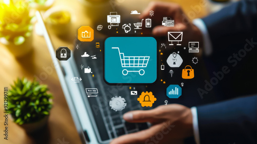 Digital B2B Marketing Strategy: Business Professional Using Laptop for Institutional e-Commerce and Supply Chain Management