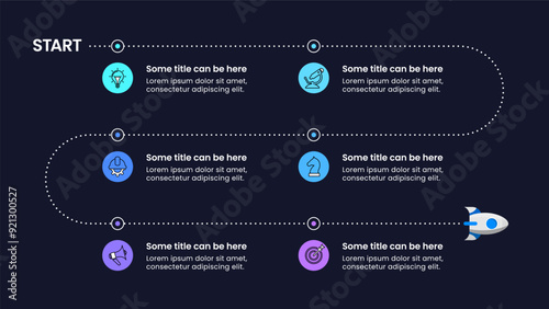 Infographic template. Zigzag line with rocket and 6 steps to success