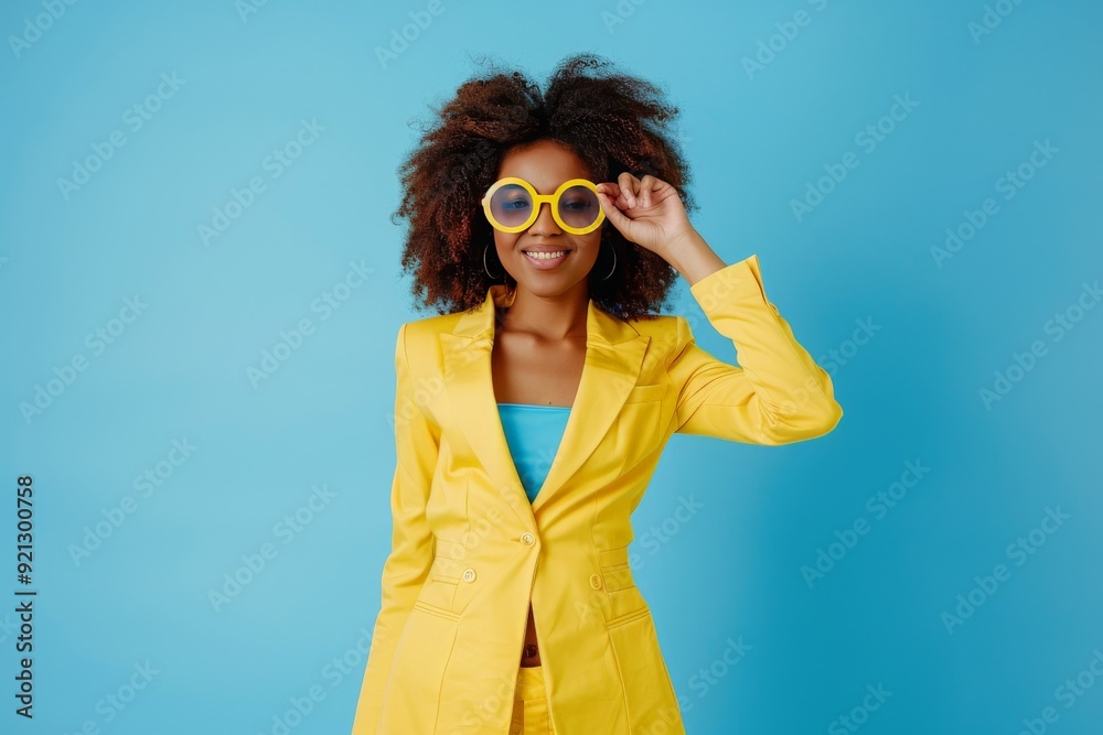Full body happy cheerful Afro American woman wearing stylish yellow suit and trendy glasses standing isolated on blue background, looking at camera, winking her eye and smiling. Party, fashion Full body happy cheerful Afro American woman wearing stylish yellow suit and trendy glasses standing isolated on blue background, looking at camera, winking her eye and smiling. Party, fashion