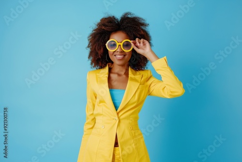 Full body happy cheerful Afro American woman wearing stylish yellow suit and trendy glasses standing isolated on blue background, looking at camera, winking her eye and smiling. Party, fashion
