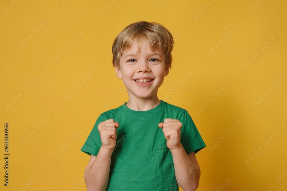 Full body little small fun happy boy 6-7 years old wearing green t-shirt do winner gesture clench fist isolated on plain yellow background studio portrait. Mother's Day love family lifestyle concept Full body little small fun happy boy 6-7 years old wearing green t-shirt do winner gesture clench fist isolated on plain yellow background studio portrait. Mother's Day love family lifestyle concept