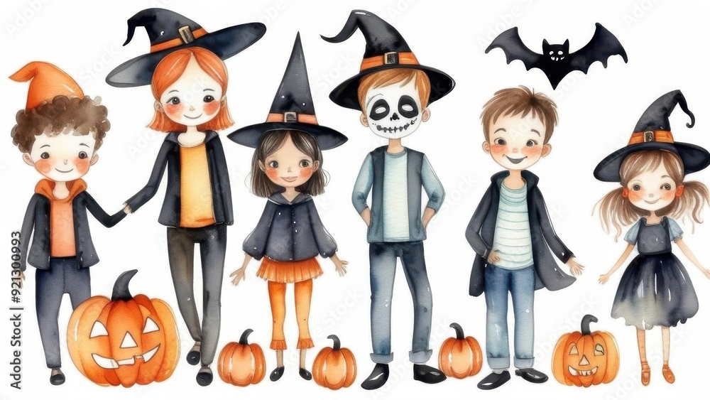 watercolor illustration of a Halloween witch and wizard, pumpkins and ghosts in a cute cartoon style on a white background, watercolor illustration of a Halloween witch and wizard, pumpkins and ghosts in a cute cartoon style on a white background,