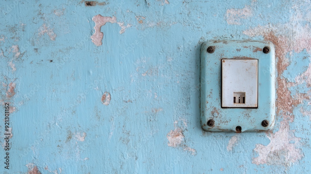 An old, weathered light switch mounted on a blue rustic wall with peeling paint, showcasing the charm and character of vintage elements and the passage of time. An old, weathered light switch mounted on a blue rustic wall with peeling paint, showcasing the charm and character of vintage elements and the passage of time.