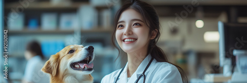 Asian female veterinarian is caring for a dog in an animal hospital. photo