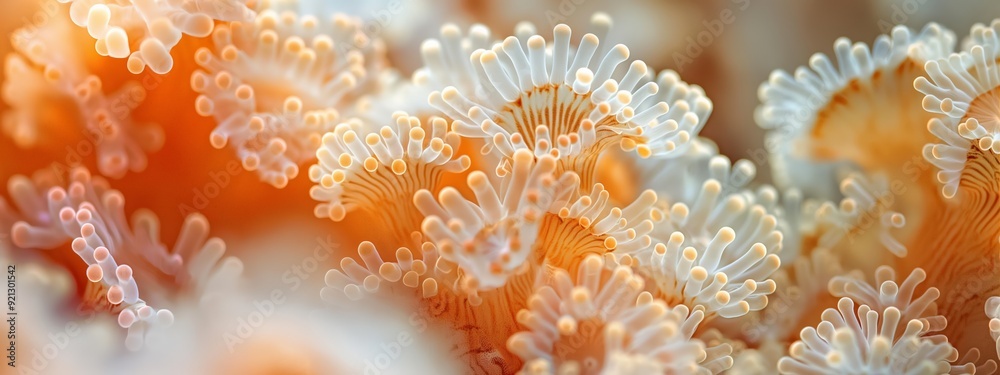 Close-up of coral polyps with soft orange and white hues, highlighting the intricate textures and delicate structures of the marine organism in an underwater setting. Close-up of coral polyps with soft orange and white hues, highlighting the intricate textures and delicate structures of the marine organism in an underwater setting.