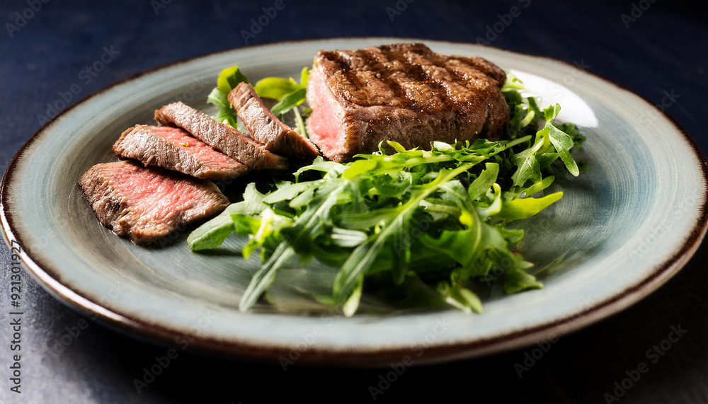 Grilled steak with arugula salad on ceramic plate. Tasty meat dish. Delicious food. Cooking concept Grilled steak with arugula salad on ceramic plate. Tasty meat dish. Delicious food. Cooking concept