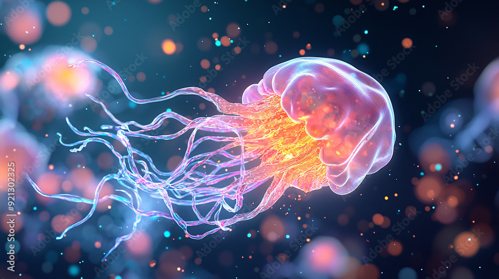 A jellyfish with a pink and orange body is flying through the air. The jellyfish is surrounded by a lot of light and it looks like it is floating in space. A jellyfish with a pink and orange body is flying through the air. The jellyfish is surrounded by a lot of light and it looks like it is floating in space.