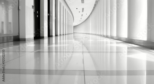 Modern Corridor With Polished Floors and Tall Windows in a High-Rise Building