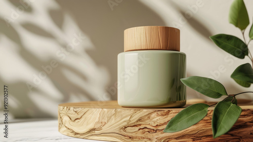 Cosmetic bottle container with green leave and wood