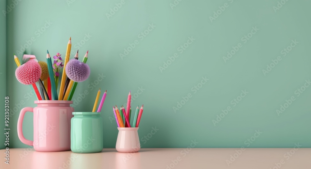 Colorful Art Supplies in Jars on a Soft Green Background Colorful Art Supplies in Jars on a Soft Green Background