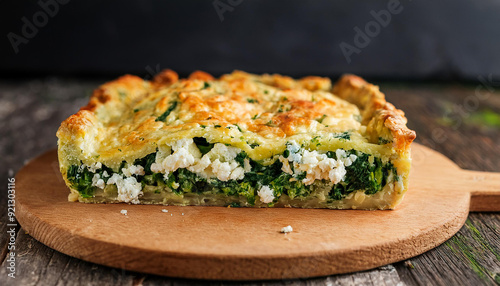 Handmade pie with greens and feta cheese on wooden board. Spinach and cheese pie. Tasty food.