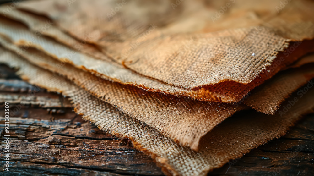A pile of burlap cloth with frayed edges. The cloth is brown and has a rough texture A pile of burlap cloth with frayed edges. The cloth is brown and has a rough texture